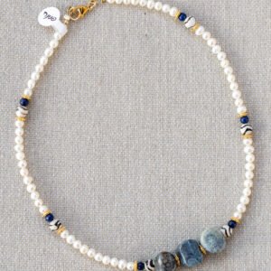 Freshwater pearl necklace, Tibetan agate, lapis and bubble agate - Image 2