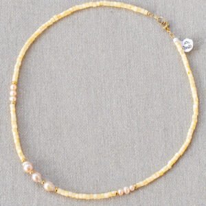 Banana yellow dyed shell necklace with baroque pearls - Image 3