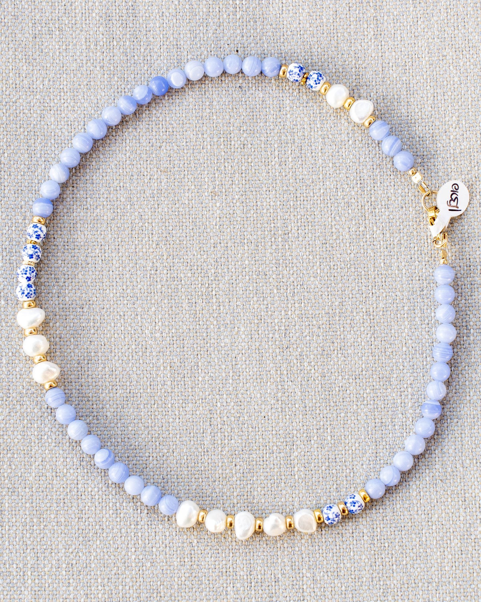 Blue Lace Agate Necklace, Freshwater Pearls, and Dutch Ceramic Beads - Image 3