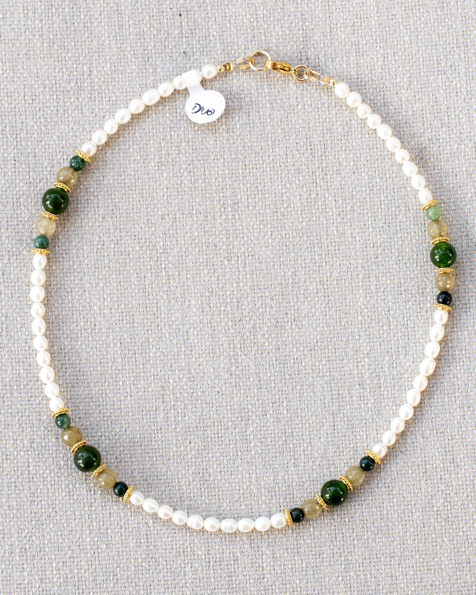 Freshwater pearl necklace, green Indian agate and green agate stones - Image 3