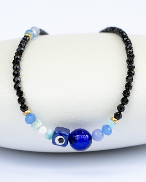 Black tourmaline, aquamarine, helite and good eye necklace