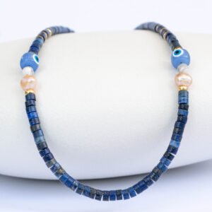 ⁦שרשרת לאפיס לאזולי, פנינה ורודה ועין טובה⁩ – תמונה ⁦1⁩