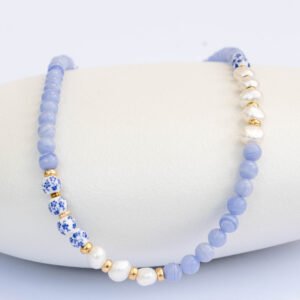 Blue Lace Agate Necklace, Freshwater Pearls, and Dutch Ceramic Beads - Image 1