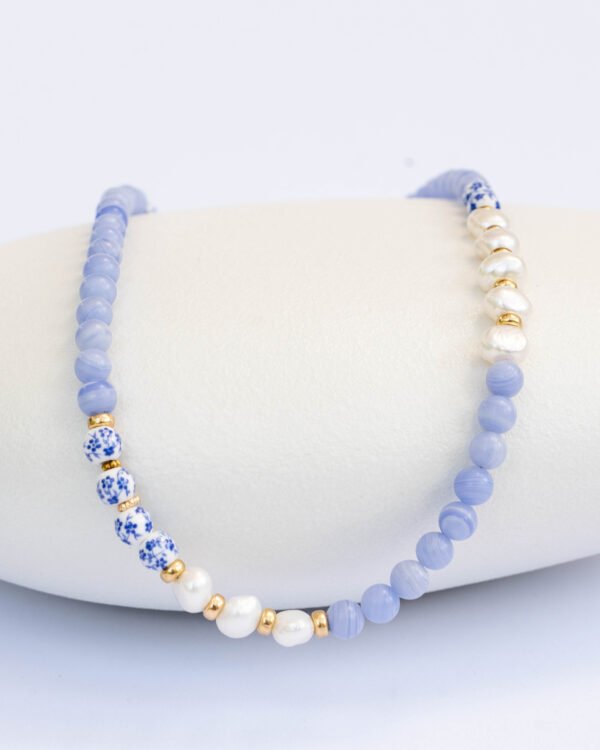 Blue Lace Agate Necklace, Freshwater Pearls, and Dutch Ceramic Beads