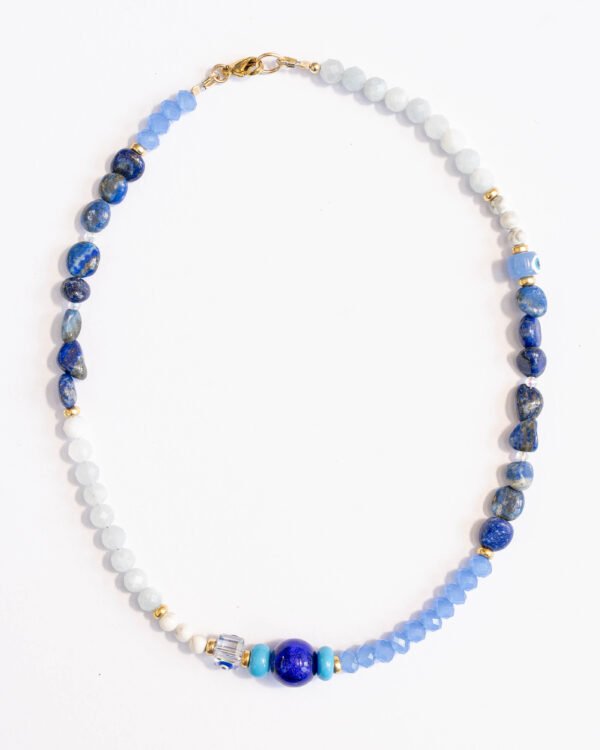 שרשרת לאפיס לאזולי, אקוומרין, מונסטון ועין טובה