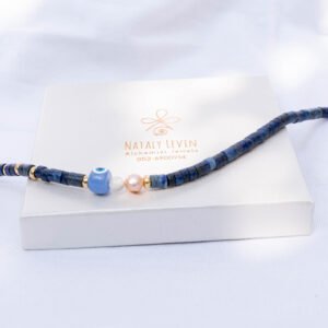 ⁦שרשרת לאפיס לאזולי, פנינה ורודה ועין טובה⁩ – תמונה ⁦3⁩