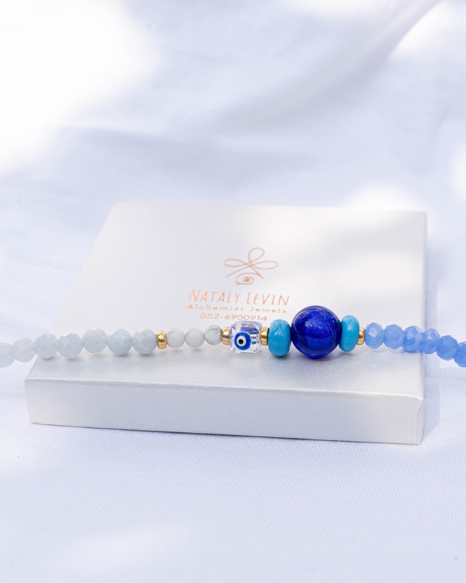 ⁦שרשרת לאפיס לאזולי, אקוומרין, מונסטון ועין טובה⁩ – תמונה ⁦3⁩