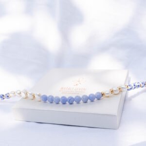 Blue Lace Agate Necklace, Freshwater Pearls, and Dutch Ceramic Beads - Image 2