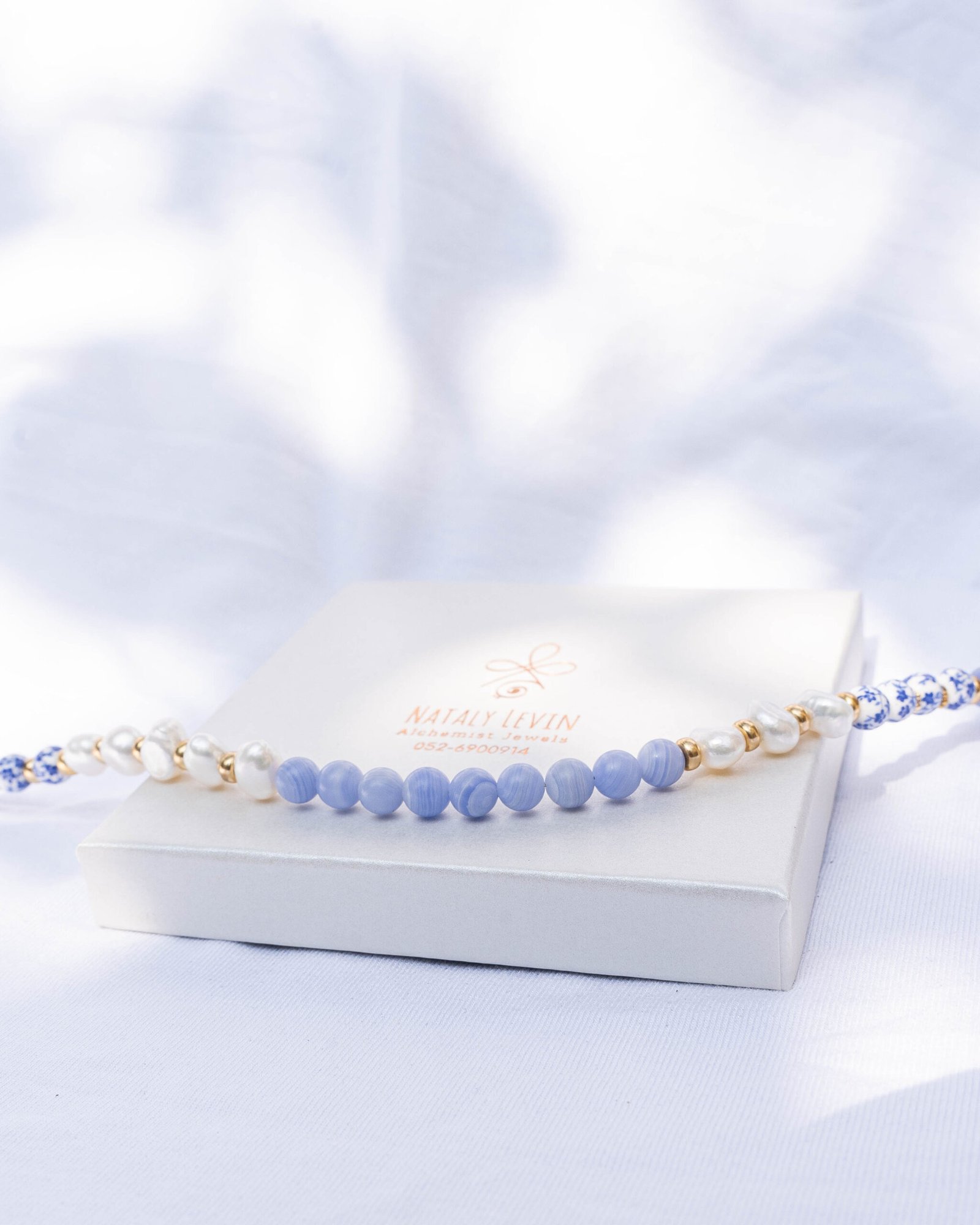 Blue Lace Agate Necklace, Freshwater Pearls, and Dutch Ceramic Beads - Image 2