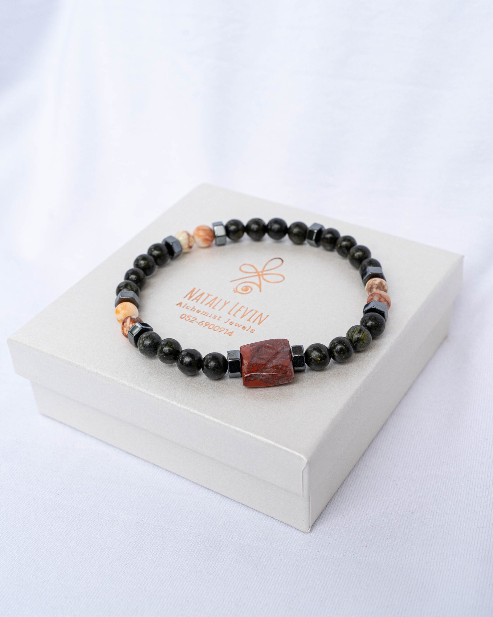 Obsidian, Orange Coral and Jasper Bracelet - Image 1