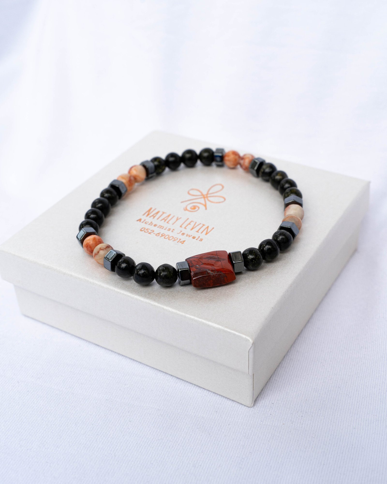 ⁦צמיד אובסידיאן, קורל תפוזי, ג׳ספר⁩ – תמונה ⁦1⁩