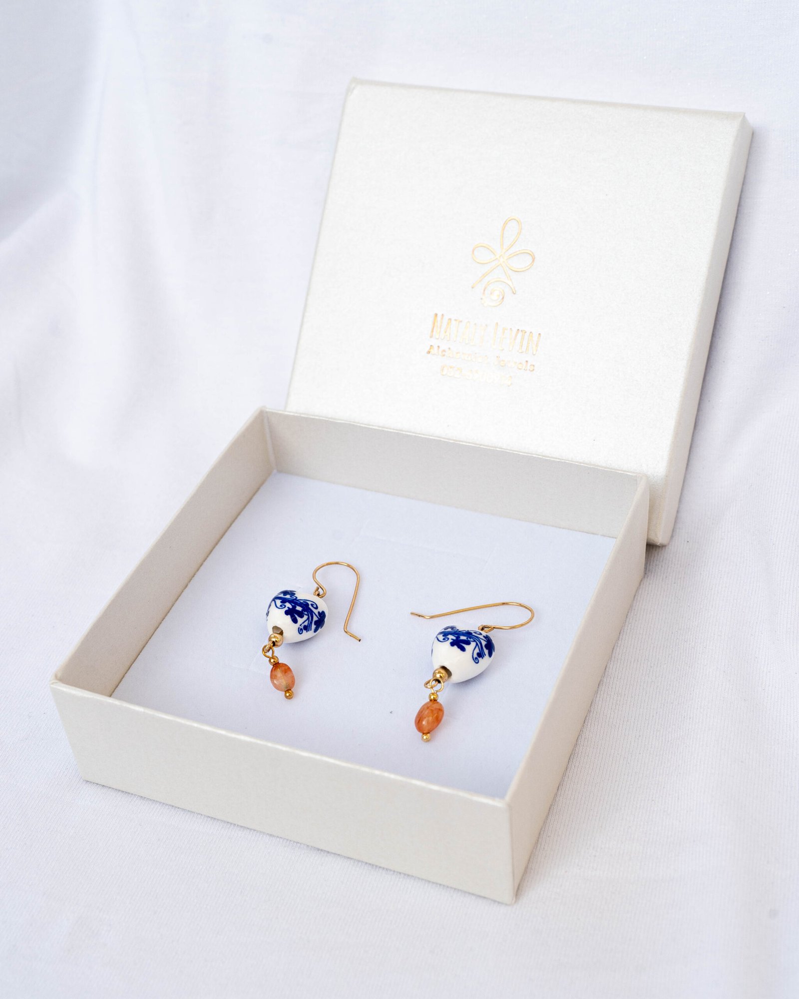 Dutch Ceramic Bead Earrings and Peach Jade - Image 1