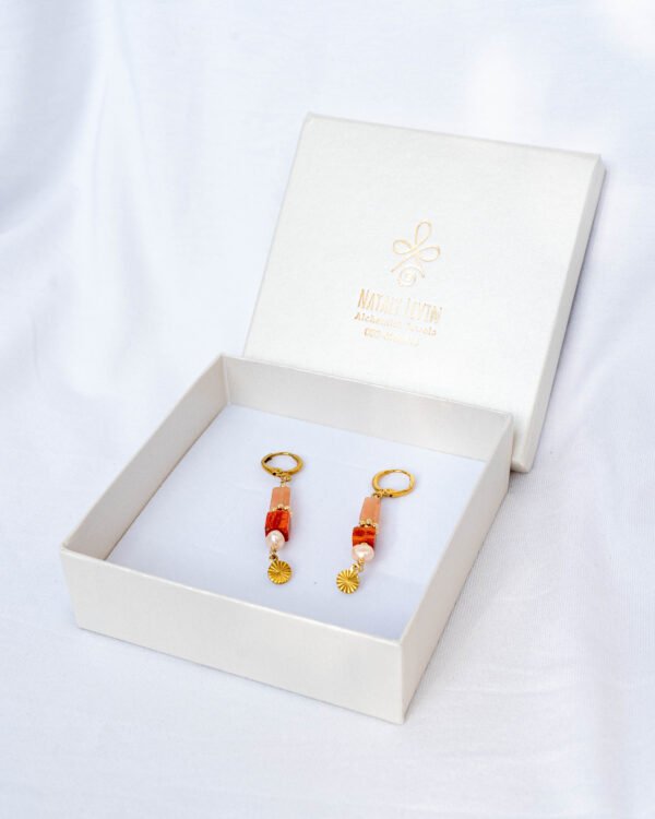 Orange coral, red coral and pearl earrings