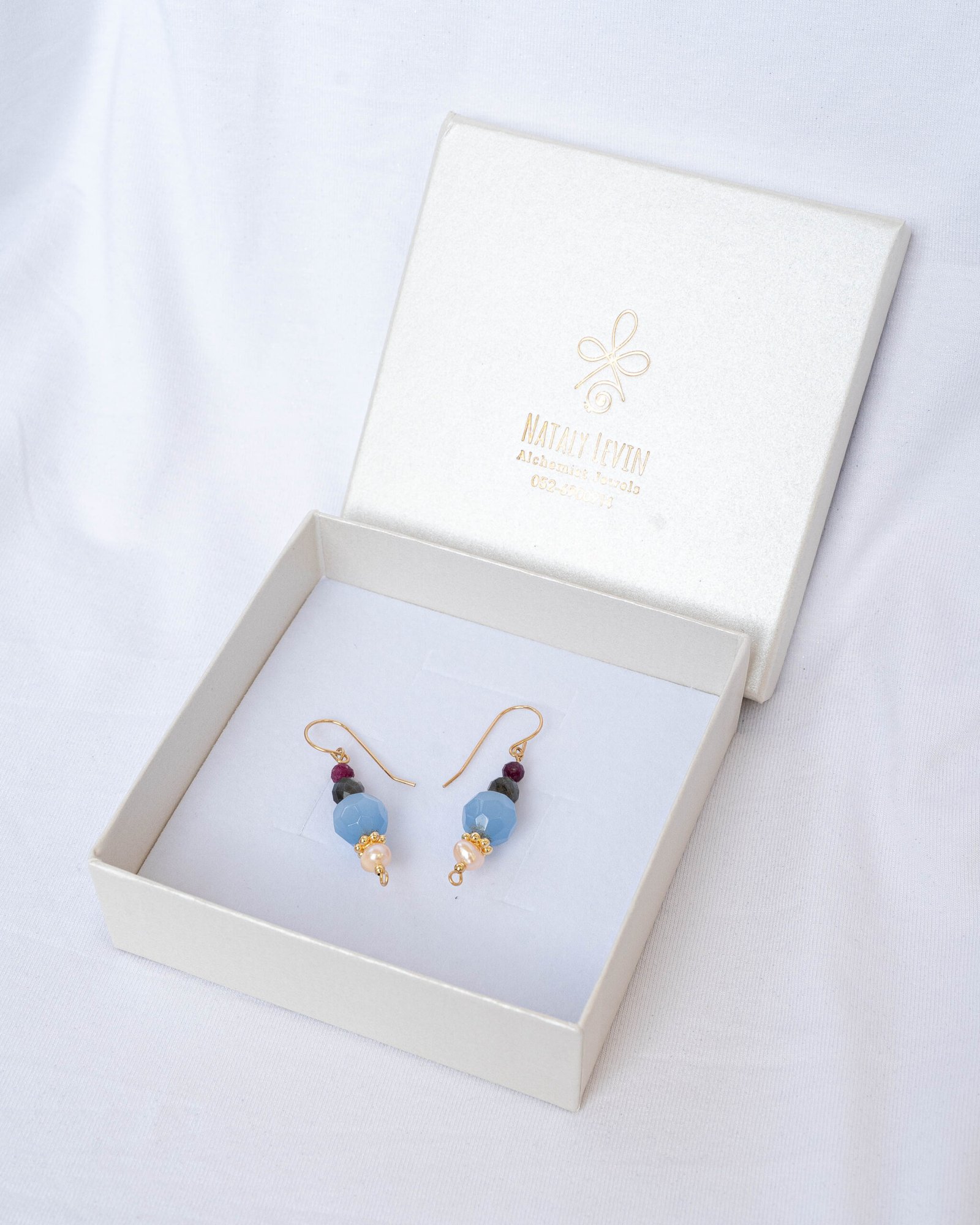 Ruby, Labradorite, Aquamarine, Pearl Earrings - Image 1