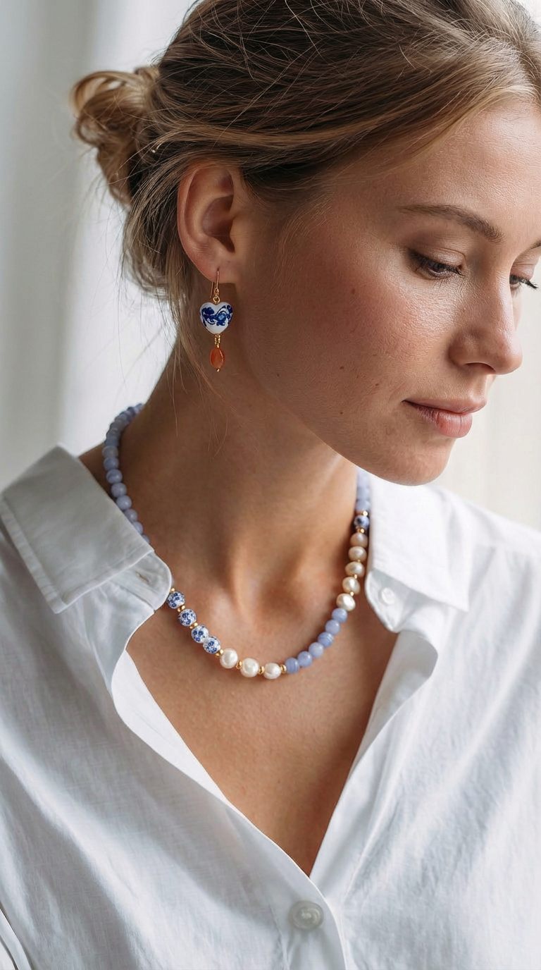 ⁦עגילי חרוזי קרמיקה הולנדית וג׳ייד אפרסק⁩ – תמונה ⁦2⁩