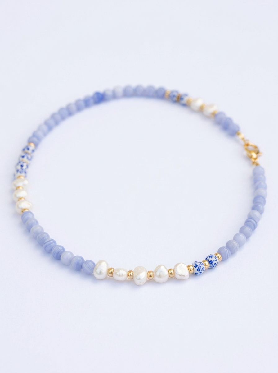 ⁦שרשרת אבני אגת בלו לייס (תחרה), פנינים ממים מתוקים וחרוזי קרמיקה הולנדית⁩ – תמונה ⁦1⁩