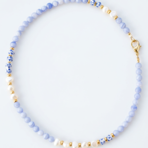 ⁦שרשרת אבני אגת בלו לייס (תחרה), פנינים ממים מתוקים וחרוזי קרמיקה הולנדית⁩ – תמונה ⁦4⁩