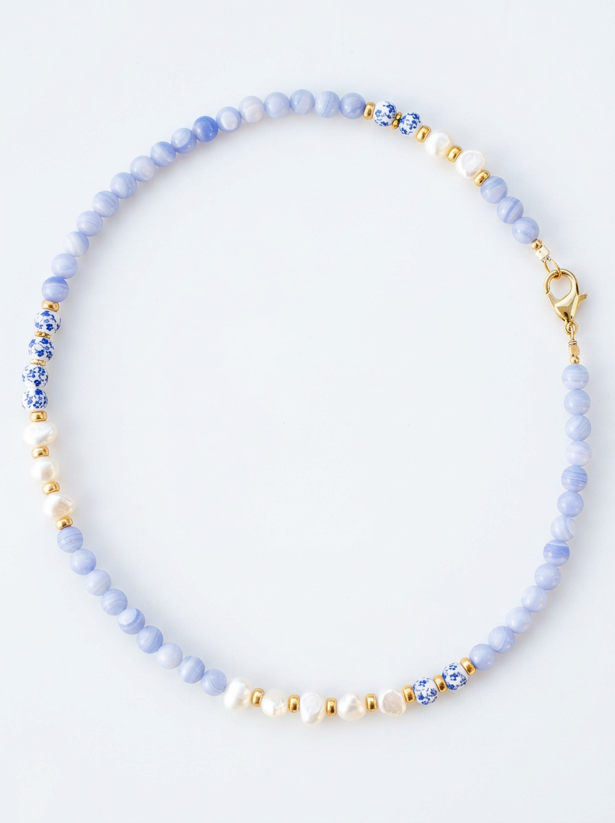 ⁦שרשרת אבני אגת בלו לייס (תחרה), פנינים ממים מתוקים וחרוזי קרמיקה הולנדית⁩ – תמונה ⁦4⁩