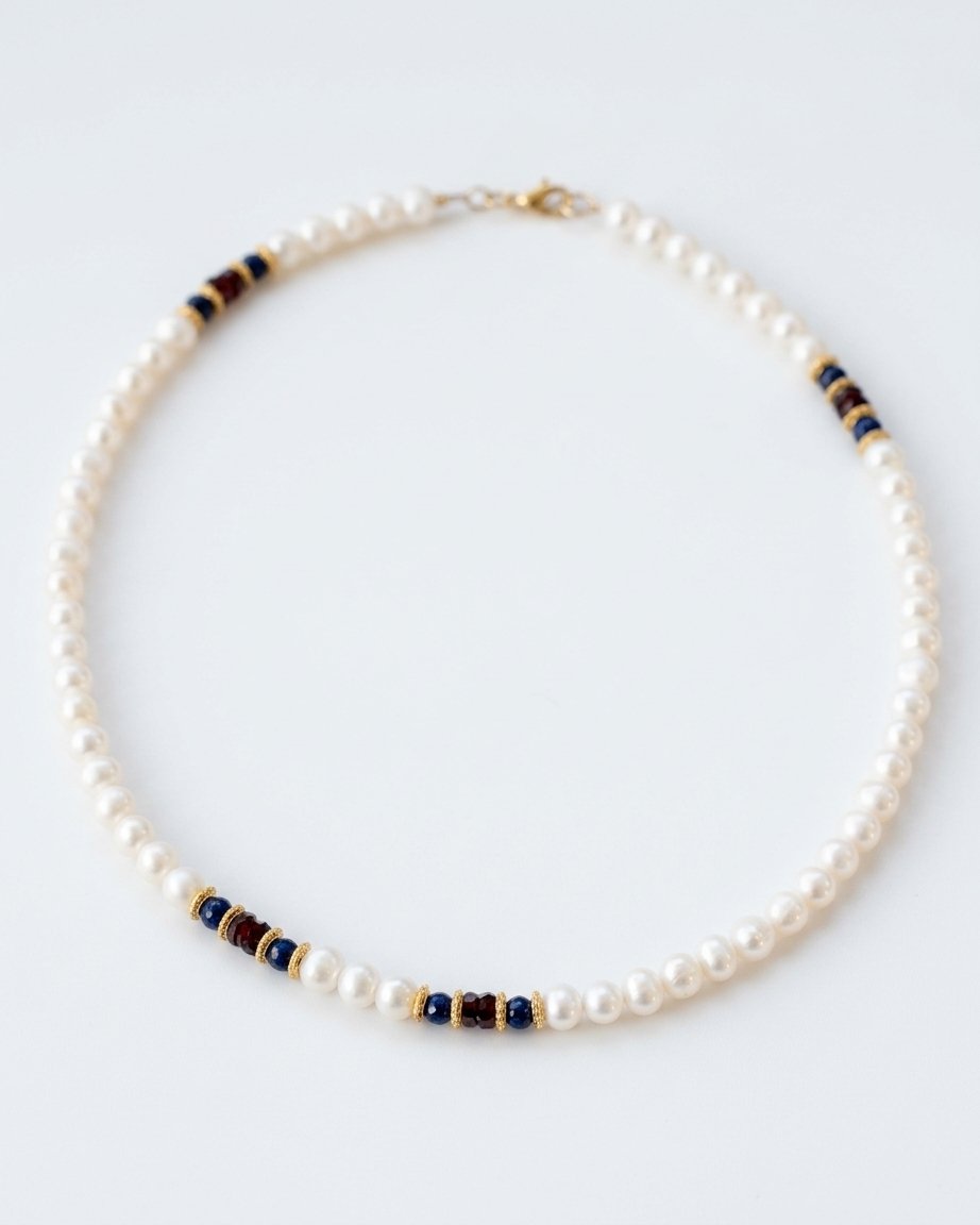 ⁦שרשרת פנינים, אבני לאפיס לאזולי וגרנט⁩ – תמונה ⁦2⁩