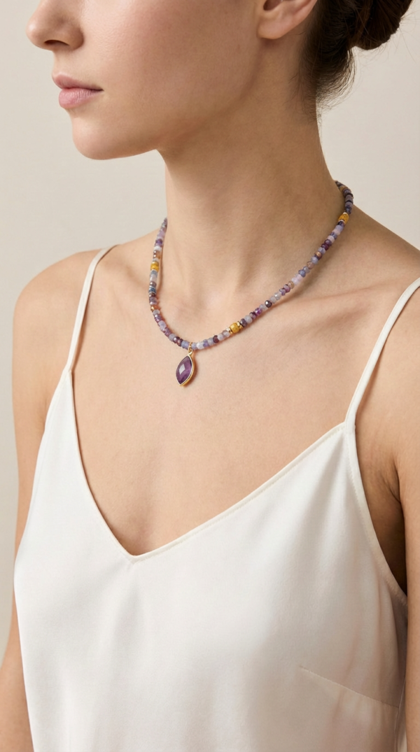 שרשרת אבני אמטיסט, סיטרין, אגת וג׳ספר תליון אמטיסט