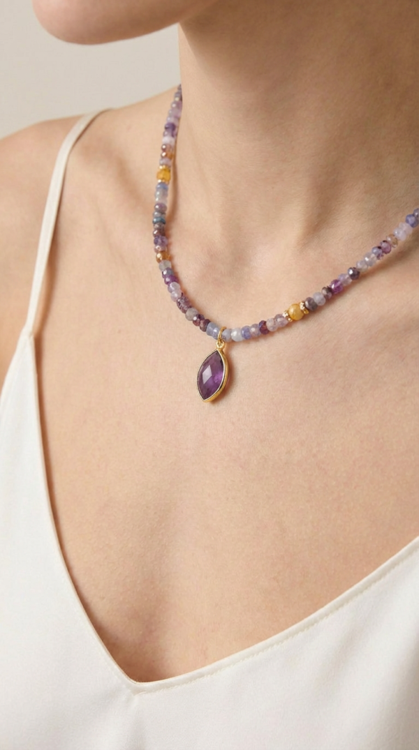 שרשרת אבני אמטיסט, סיטרין, אגת וג׳ספר תליון אמטיסט